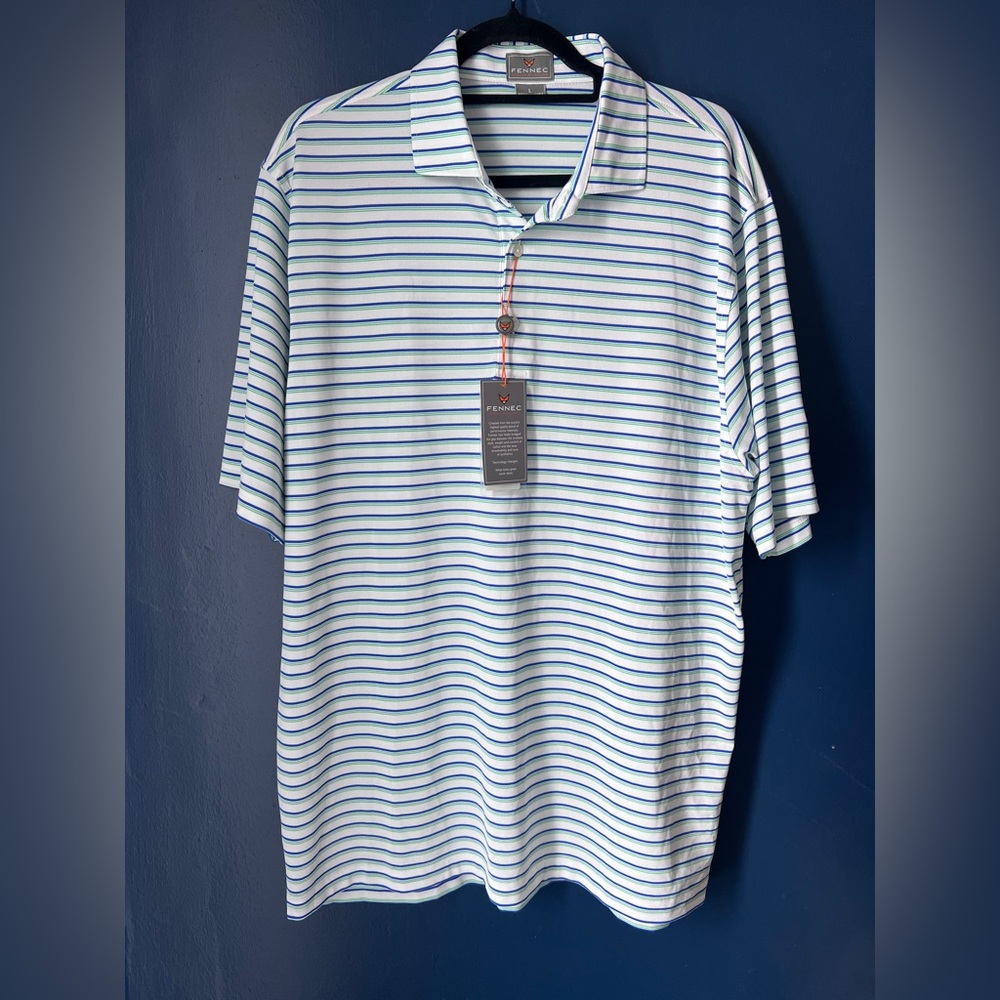 Fennec Men’s L Golf Polo Shirt Stripe Moisture Wicking SPF NWT